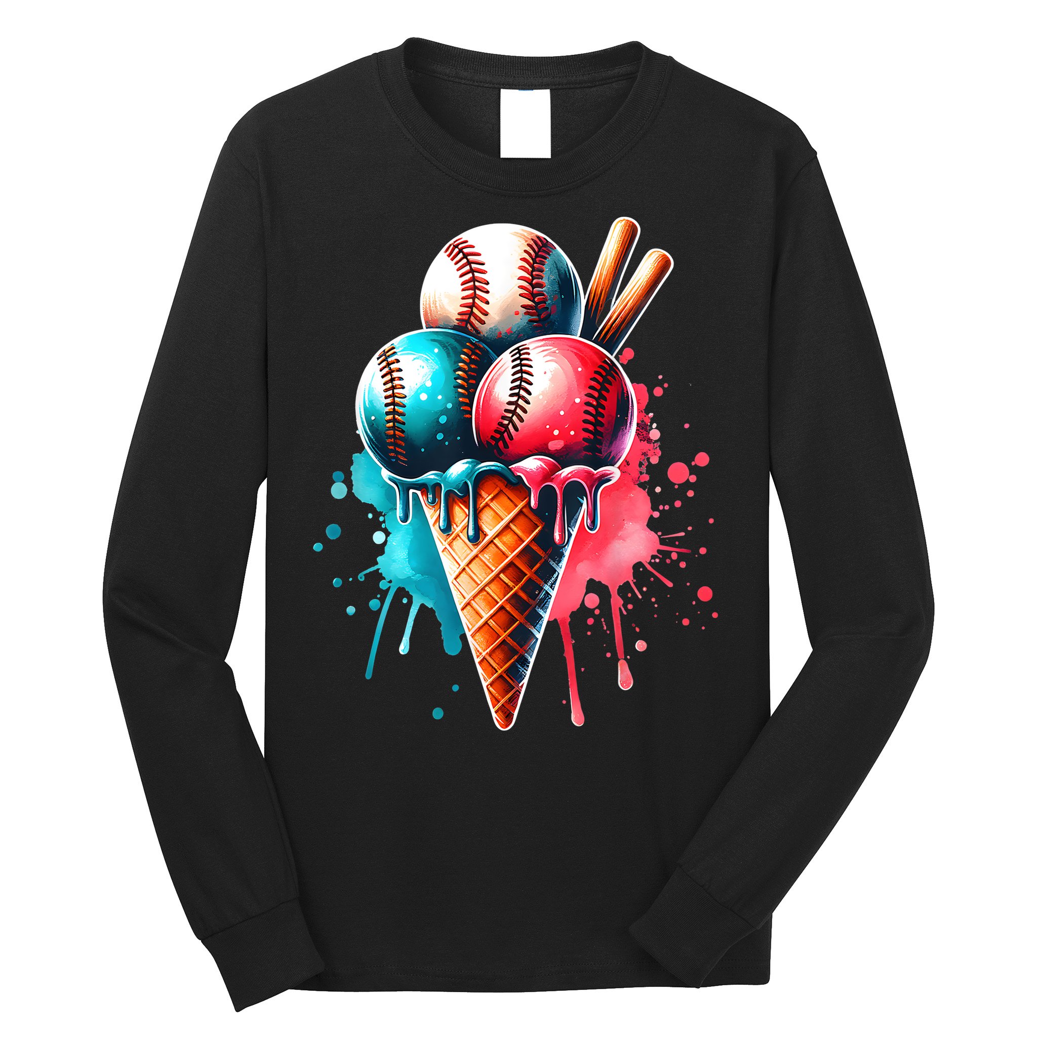 Baseball Ice Cream Watercolor Sports Lover Ice Cream Cone Long Sleeve Shirt