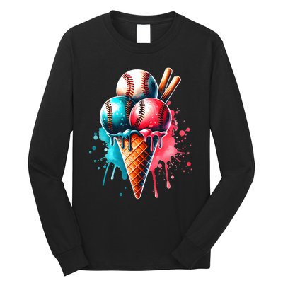 Baseball Ice Cream Watercolor Sports Lover Ice Cream Cone Long Sleeve Shirt