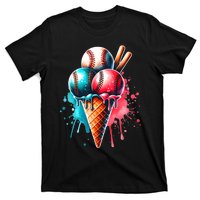 Baseball Ice Cream Watercolor Sports Lover Ice Cream Cone T-Shirt