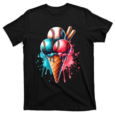 Baseball Ice Cream Watercolor Sports Lover Ice Cream Cone T-Shirt