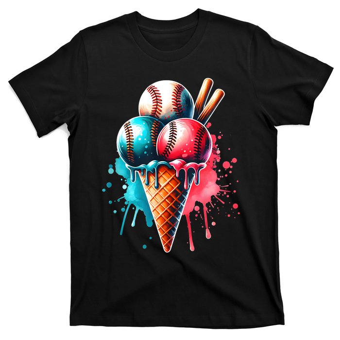 Baseball Ice Cream Watercolor Sports Lover Ice Cream Cone T-Shirt