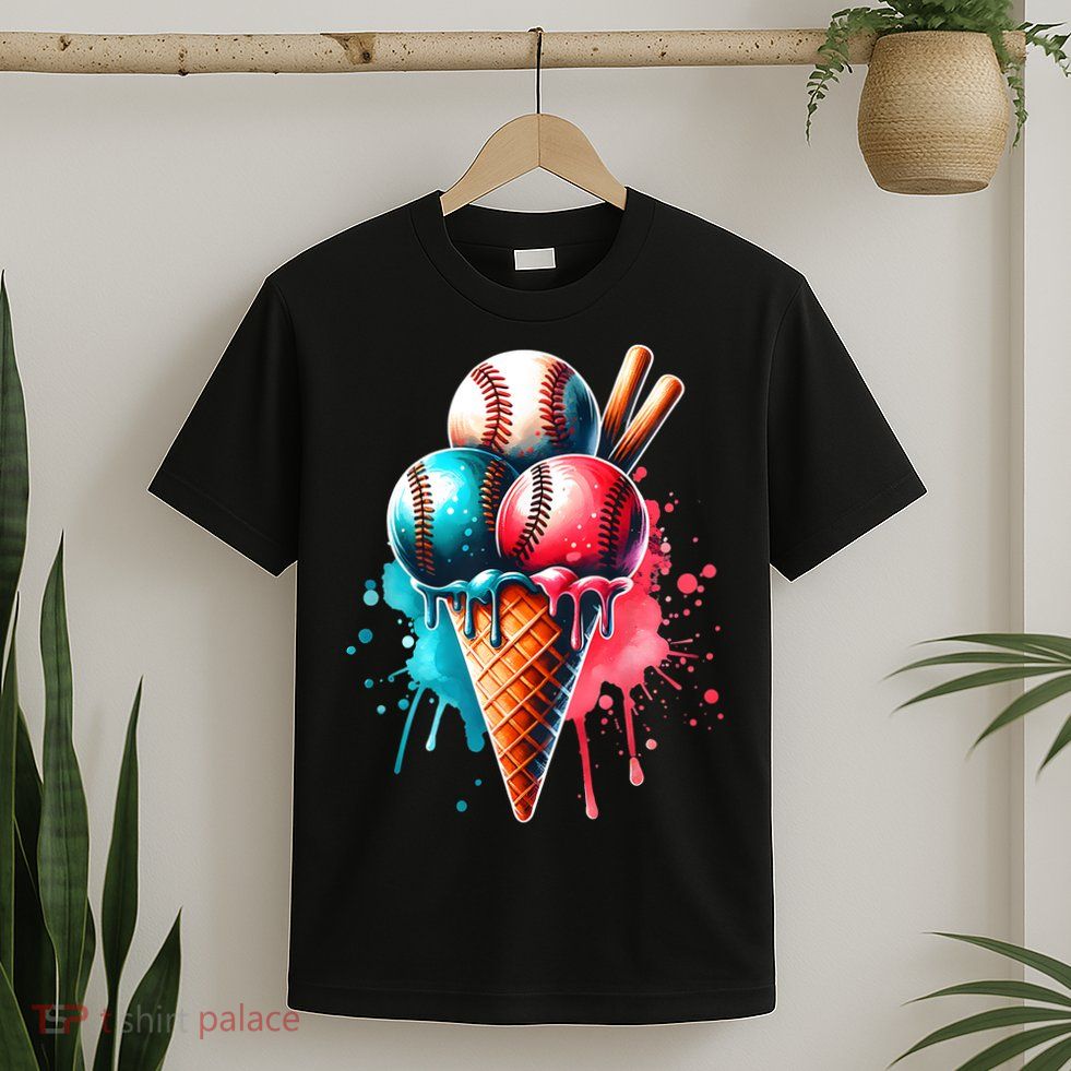 Baseball Ice Cream Watercolor Sports Lover Ice Cream Cone T-Shirt