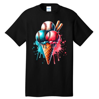 Baseball Ice Cream Watercolor Sports Lover Ice Cream Cone Tall T-Shirt