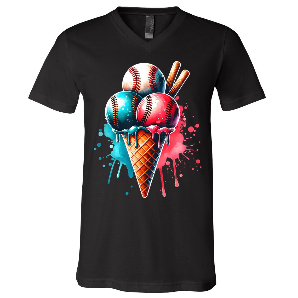 Baseball Ice Cream Watercolor Sports Lover Ice Cream Cone V-Neck T-Shirt