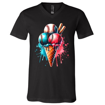 Baseball Ice Cream Watercolor Sports Lover Ice Cream Cone V-Neck T-Shirt