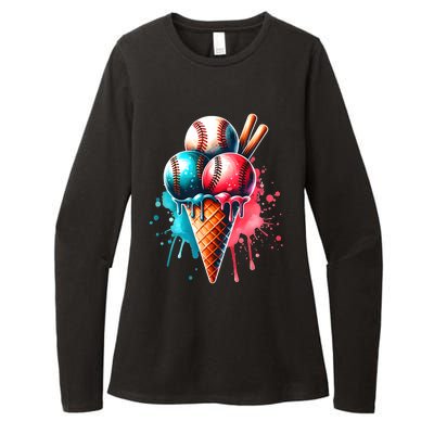 Baseball Ice Cream Watercolor Sports Lover Ice Cream Cone Womens CVC Long Sleeve Shirt