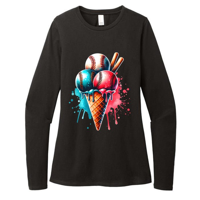 Baseball Ice Cream Watercolor Sports Lover Ice Cream Cone Womens CVC Long Sleeve Shirt