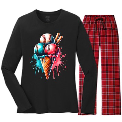 Baseball Ice Cream Watercolor Sports Lover Ice Cream Cone Women's Long Sleeve Flannel Pajama Set 