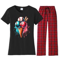 Baseball Ice Cream Watercolor Sports Lover Ice Cream Cone Women's Flannel Pajama Set