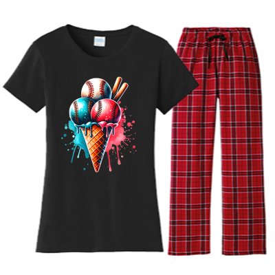 Baseball Ice Cream Watercolor Sports Lover Ice Cream Cone Women's Flannel Pajama Set