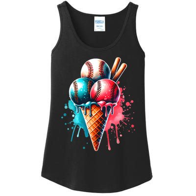 Baseball Ice Cream Watercolor Sports Lover Ice Cream Cone Ladies Essential Tank