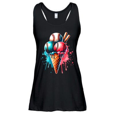 Baseball Ice Cream Watercolor Sports Lover Ice Cream Cone Ladies Essential Flowy Tank