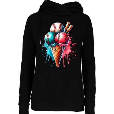 Baseball Ice Cream Watercolor Sports Lover Ice Cream Cone Womens Funnel Neck Pullover Hood