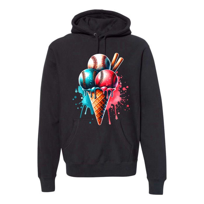 Baseball Ice Cream Watercolor Sports Lover Ice Cream Cone Premium Hoodie