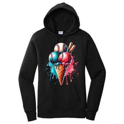 Baseball Ice Cream Watercolor Sports Lover Ice Cream Cone Women's Pullover Hoodie