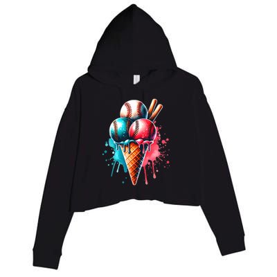 Baseball Ice Cream Watercolor Sports Lover Ice Cream Cone Crop Fleece Hoodie