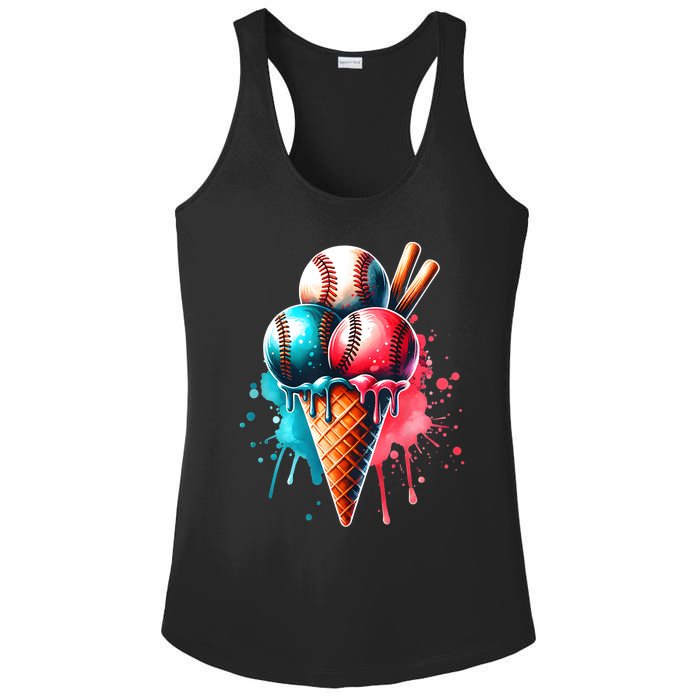 Baseball Ice Cream Watercolor Sports Lover Ice Cream Cone Ladies PosiCharge Competitor Racerback Tank