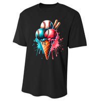 Baseball Ice Cream Watercolor Sports Lover Ice Cream Cone Performance Sprint T-Shirt