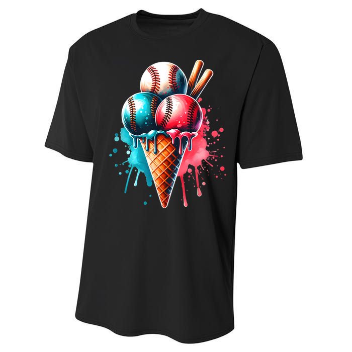 Baseball Ice Cream Watercolor Sports Lover Ice Cream Cone Performance Sprint T-Shirt