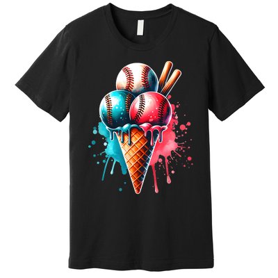 Baseball Ice Cream Watercolor Sports Lover Ice Cream Cone Premium T-Shirt