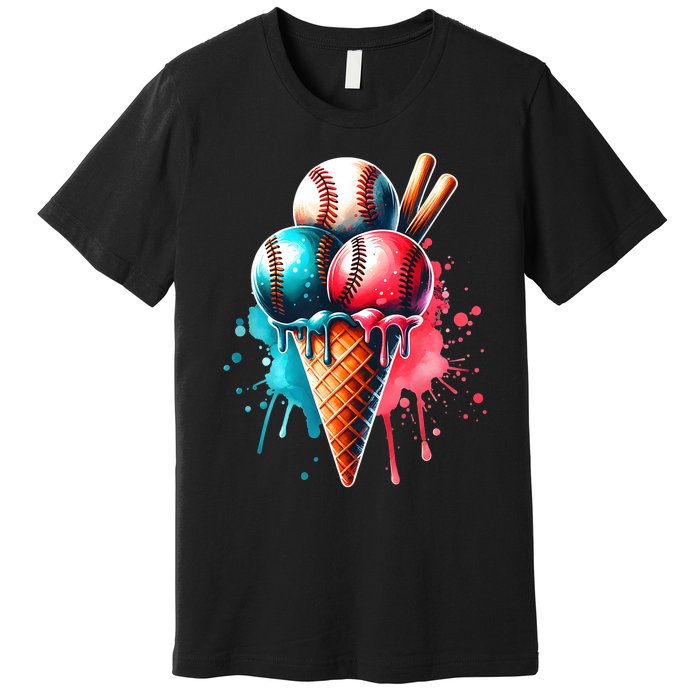 Baseball Ice Cream Watercolor Sports Lover Ice Cream Cone Premium T-Shirt