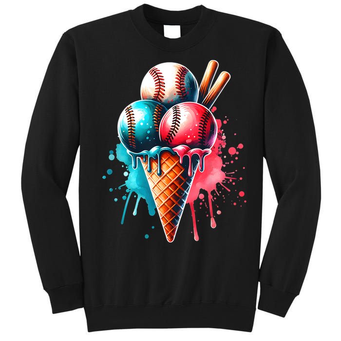 Baseball Ice Cream Watercolor Sports Lover Ice Cream Cone Tall Sweatshirt