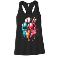 Baseball Ice Cream Watercolor Sports Lover Ice Cream Cone Women's Racerback Tank