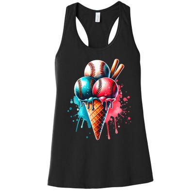 Baseball Ice Cream Watercolor Sports Lover Ice Cream Cone Women's Racerback Tank