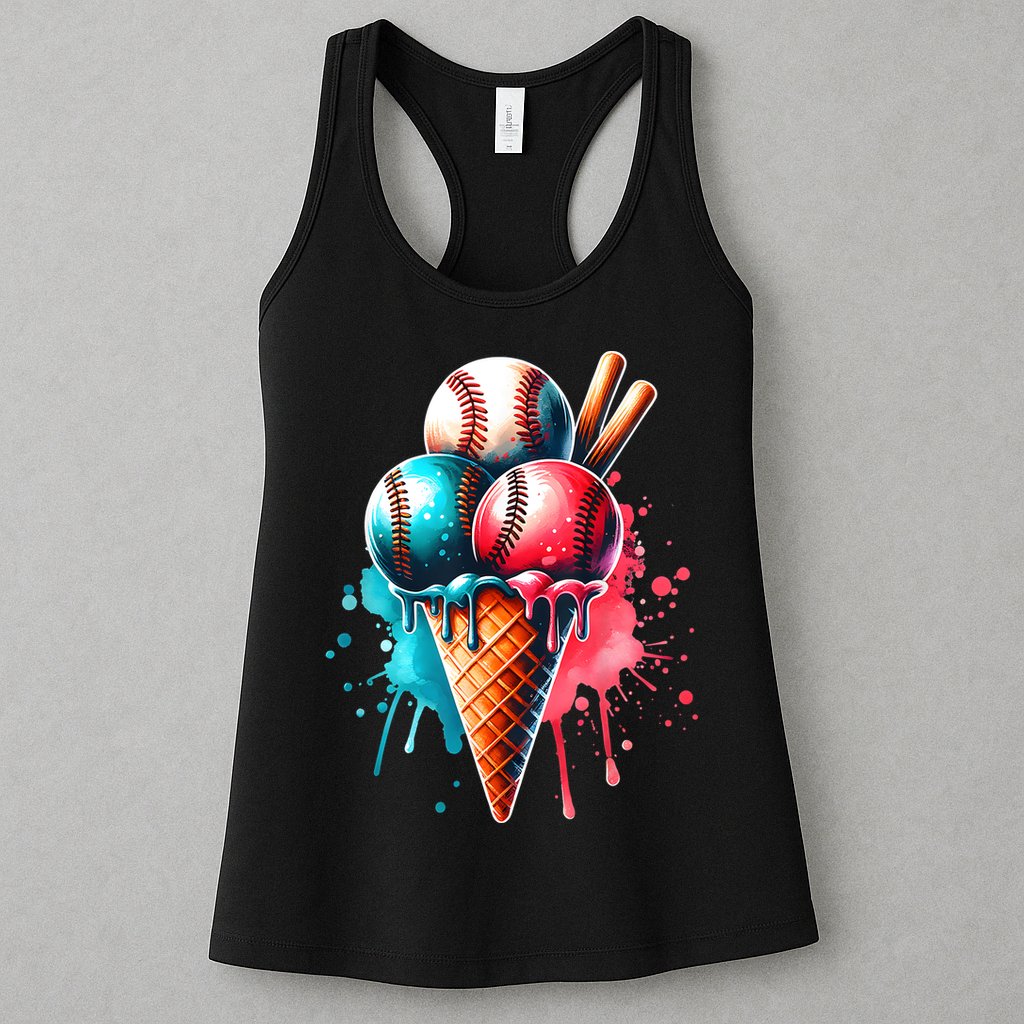 Baseball Ice Cream Watercolor Sports Lover Ice Cream Cone Womens Tank Top