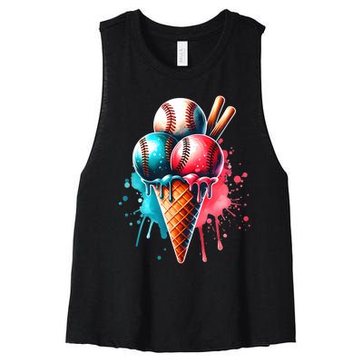 Baseball Ice Cream Watercolor Sports Lover Ice Cream Cone Women's Racerback Cropped Tank