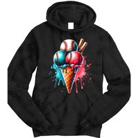 Baseball Ice Cream Watercolor Sports Lover Ice Cream Cone Tie Dye Hoodie