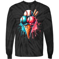 Baseball Ice Cream Watercolor Sports Lover Ice Cream Cone Tie-Dye Long Sleeve Shirt