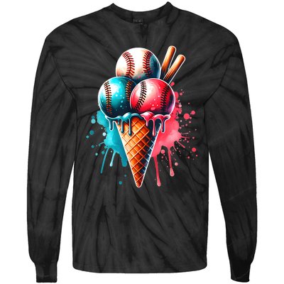 Baseball Ice Cream Watercolor Sports Lover Ice Cream Cone Tie-Dye Long Sleeve Shirt