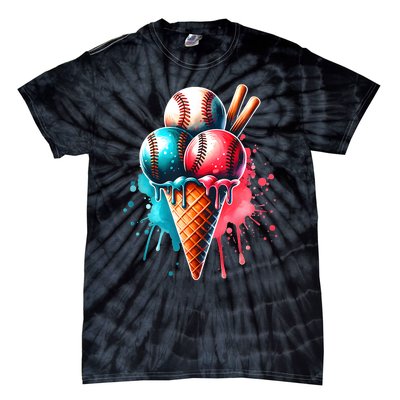 Baseball Ice Cream Watercolor Sports Lover Ice Cream Cone Tie-Dye T-Shirt