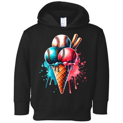Baseball Ice Cream Watercolor Sports Lover Ice Cream Cone Toddler Hoodie