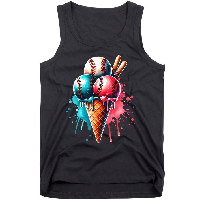 Baseball Ice Cream Watercolor Sports Lover Ice Cream Cone Tank Top