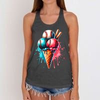 Baseball Ice Cream Watercolor Sports Lover Ice Cream Cone Women's Knotted Racerback Tank