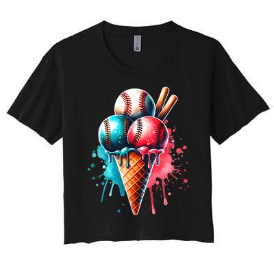 Baseball Ice Cream Watercolor Sports Lover Ice Cream Cone Women's Crop Top Tee