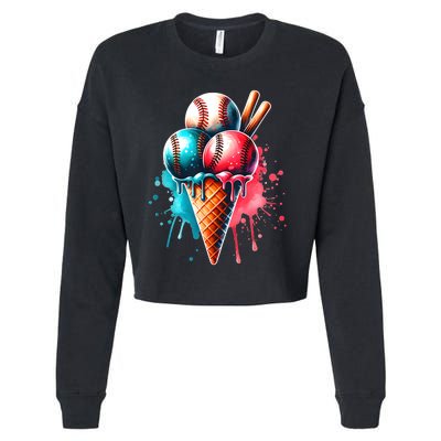 Baseball Ice Cream Watercolor Sports Lover Ice Cream Cone Cropped Pullover Crew