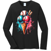 Baseball Ice Cream Watercolor Sports Lover Ice Cream Cone Ladies Long Sleeve Shirt