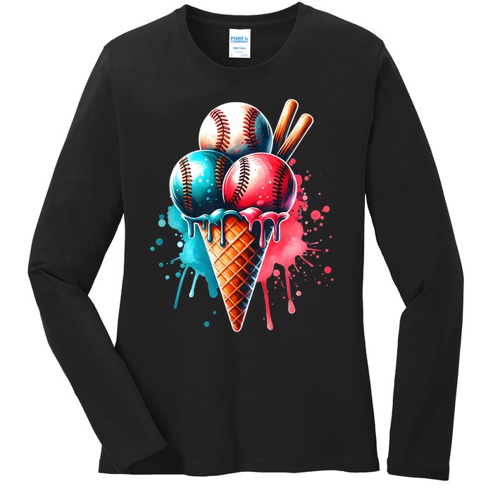 Baseball Ice Cream Watercolor Sports Lover Ice Cream Cone Ladies Long Sleeve Shirt