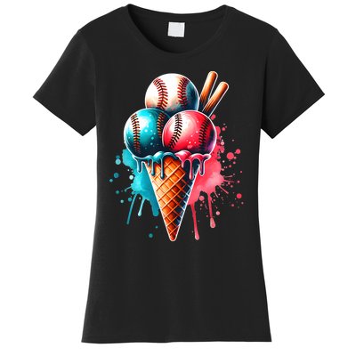 Baseball Ice Cream Watercolor Sports Lover Ice Cream Cone Women's T-Shirt