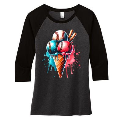 Baseball Ice Cream Watercolor Sports Lover Ice Cream Cone Women's Tri-Blend 3/4-Sleeve Raglan Shirt