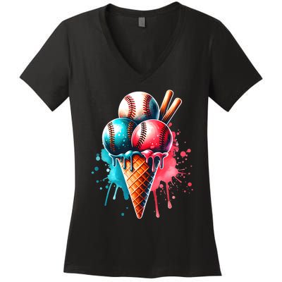 Baseball Ice Cream Watercolor Sports Lover Ice Cream Cone Women's V-Neck T-Shirt