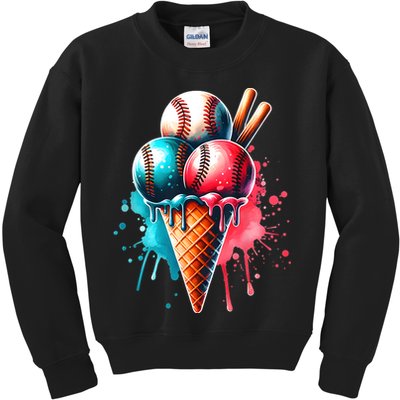 Baseball Ice Cream Watercolor Sports Lover Ice Cream Cone Kids Sweatshirt