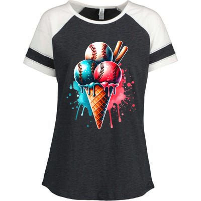 Baseball Ice Cream Watercolor Sports Lover Ice Cream Cone Enza Ladies Jersey Colorblock Tee