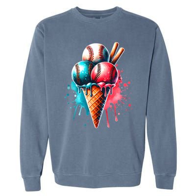 Baseball Ice Cream Watercolor Sports Lover Ice Cream Cone Garment-Dyed Sweatshirt