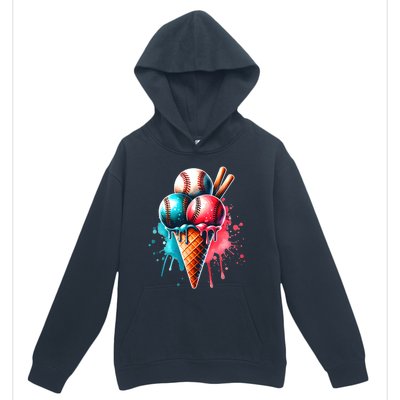 Baseball Ice Cream Watercolor Sports Lover Ice Cream Cone Urban Pullover Hoodie