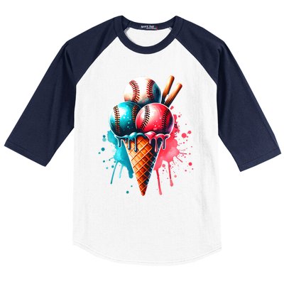 Baseball Ice Cream Watercolor Sports Lover Ice Cream Cone Baseball Sleeve Shirt