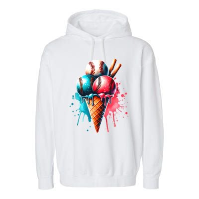 Baseball Ice Cream Watercolor Sports Lover Ice Cream Cone Garment-Dyed Fleece Hoodie